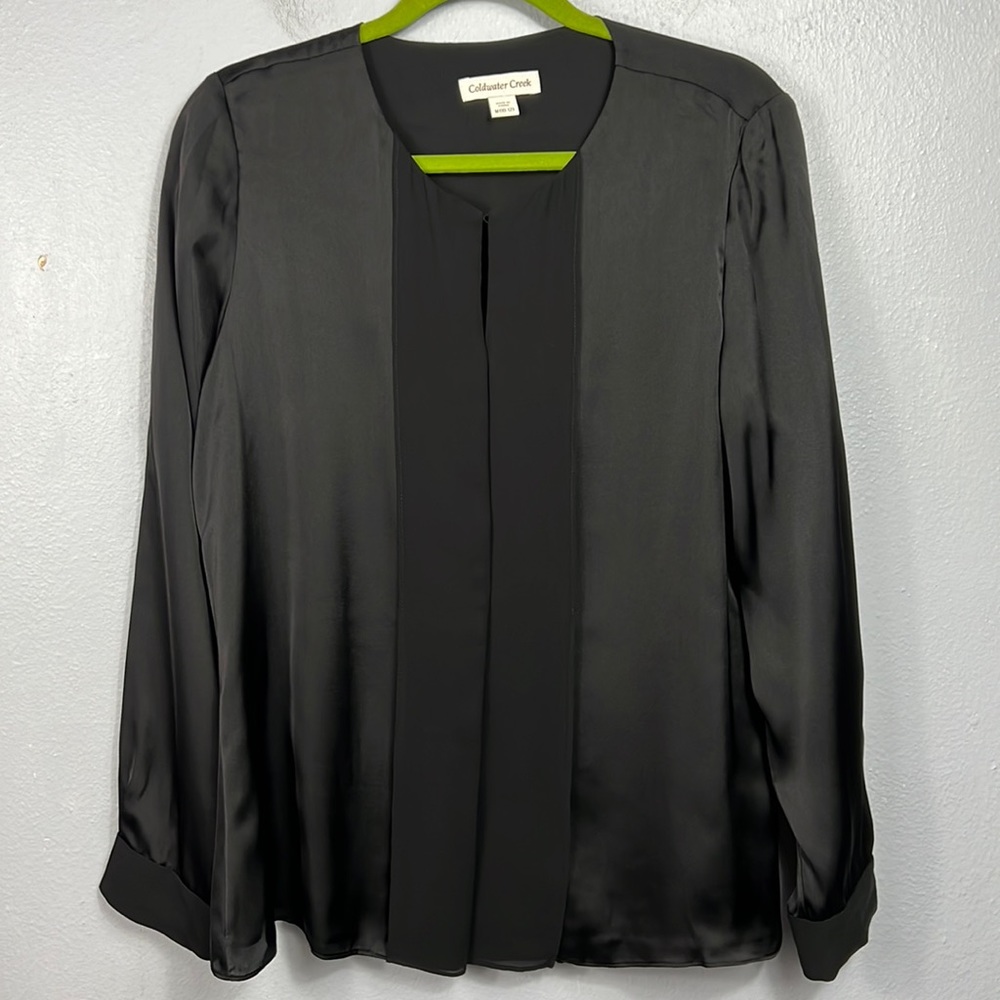 Coldwater Creek Black Long Sleeve Satin Blouse Medium 10-12